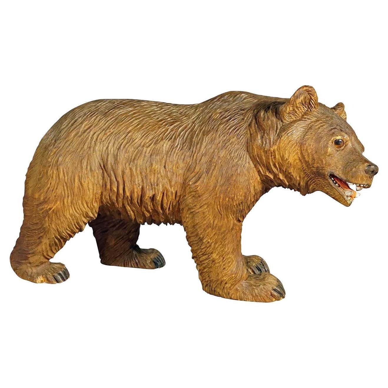 Wooden Statue Of A Walking Bear Handcarved In Switzerland Ca.1930s