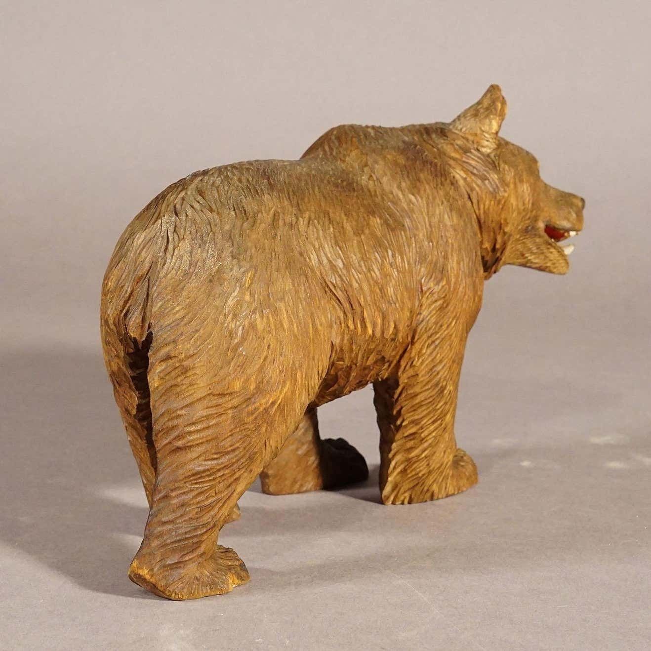 Wooden Statue Of A Walking Bear Handcarved In Switzerland Ca.1930s photo vinterior