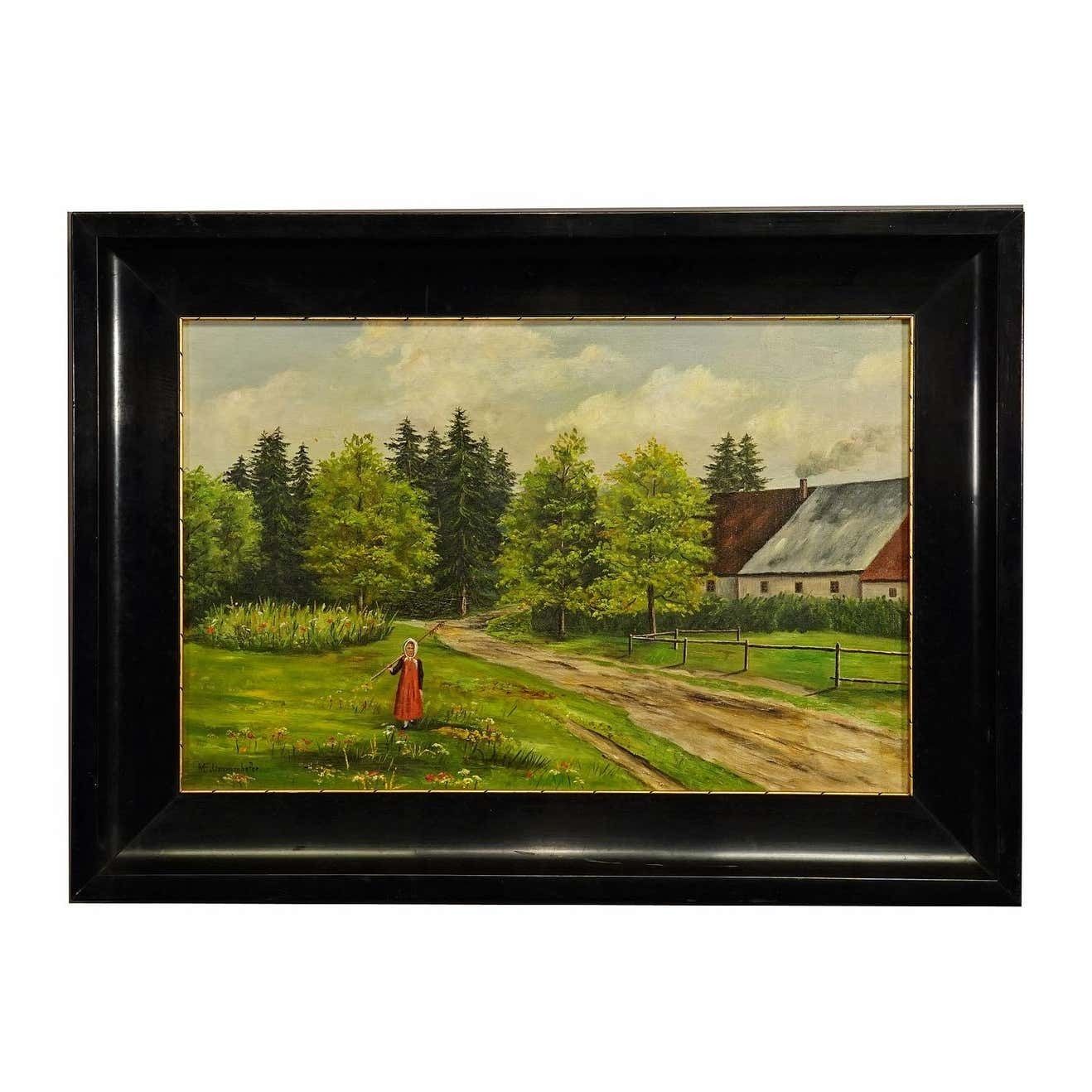 Antiek Olieverfschilderij Boerenmeisje Op Een Bloemenveld, Door M. E. Ummenhofer photo furniture
