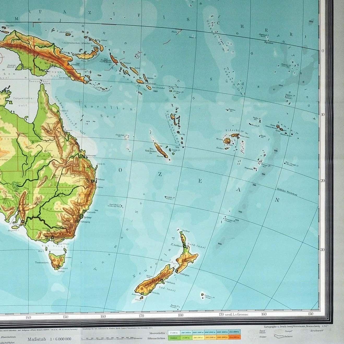 Map Mural Rollable Poster Vintage Wall Chart Australia New Zealand Polynesia photo 344.0