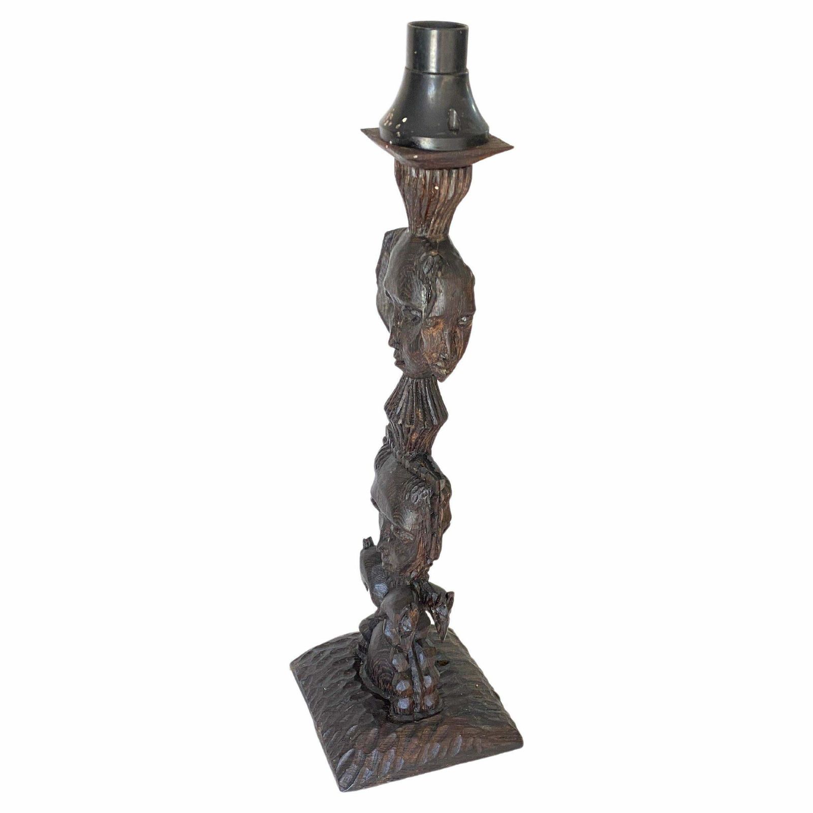 Sculptural Table Lamp Carved On Every Sides In Wood, France, 1950