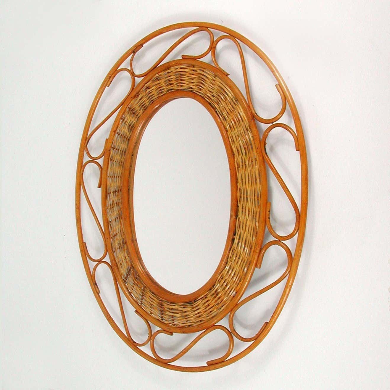 Midcentury Jean Royère Style French Riviera Rattan And Wicker Mirror, 1950s photo for sale