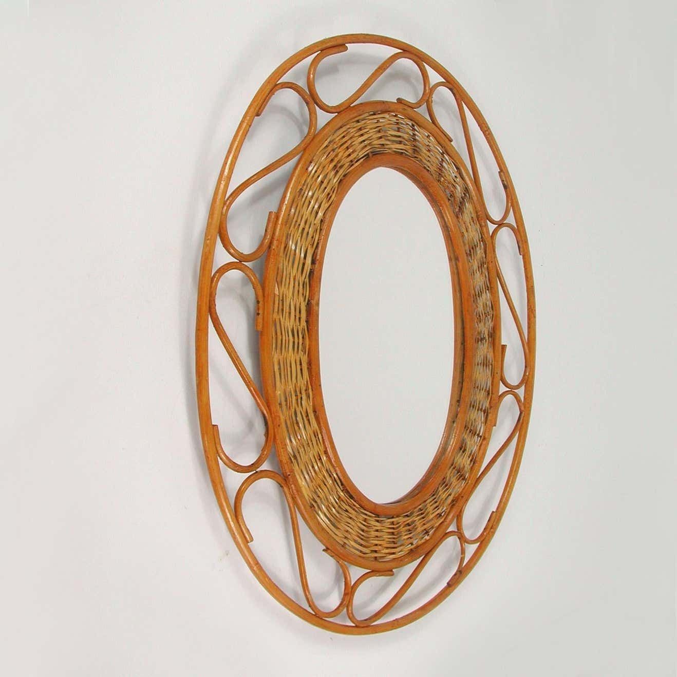 Midcentury Jean Royère Style French Riviera Rattan And Wicker Mirror, 1950s photo vinterior