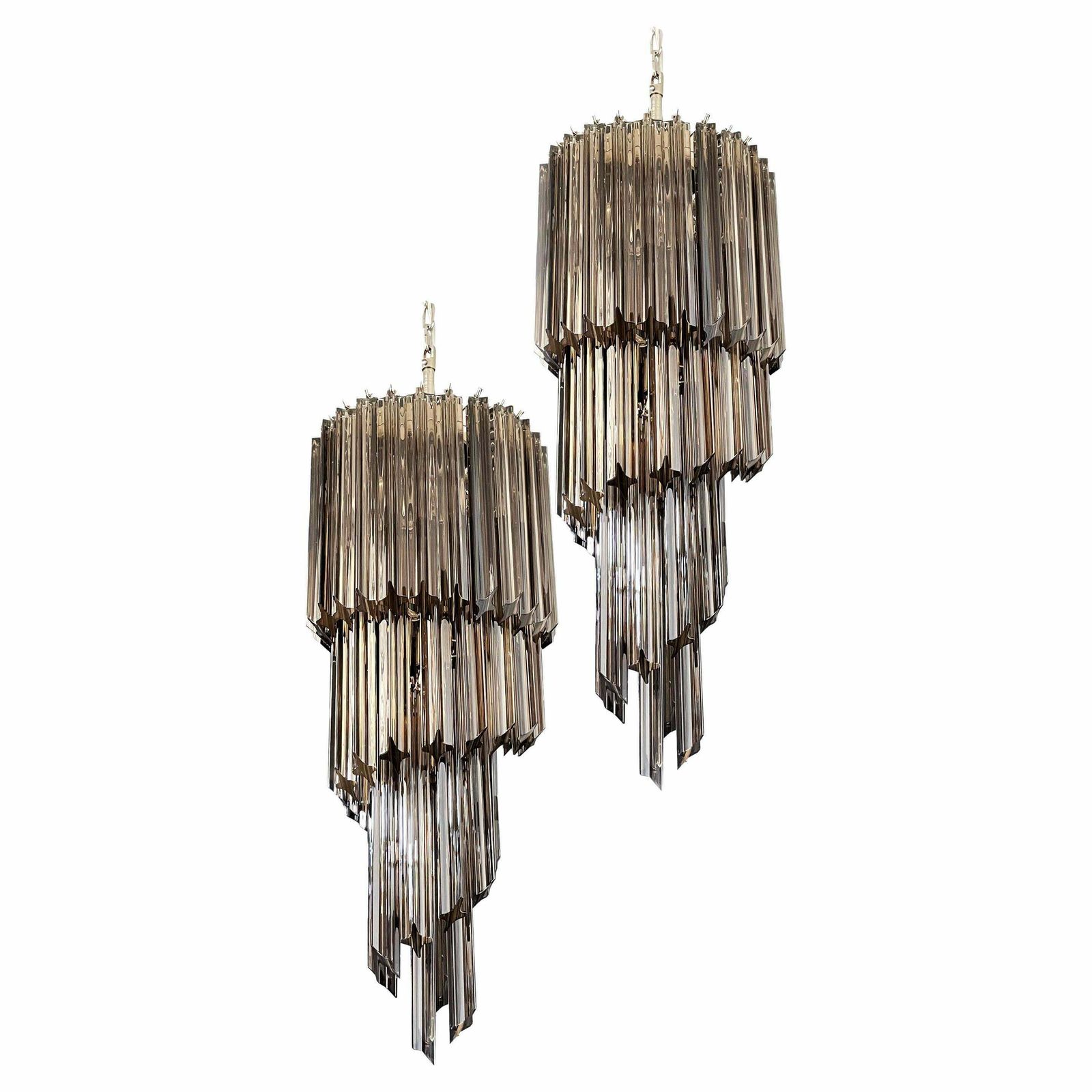Gorgeous Murano Glass Spiral Chandeliers, 54 Quadriedri Smoked Prisms