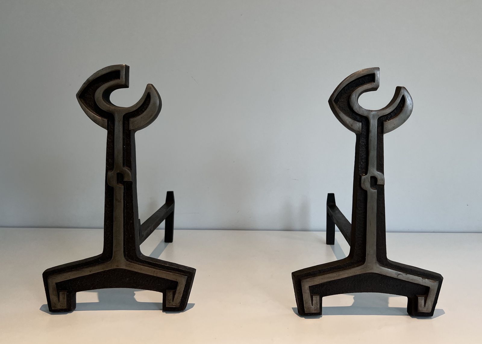 950.0 Pair Of Modernist Cast Iron And Wrought Iron Andirons photo