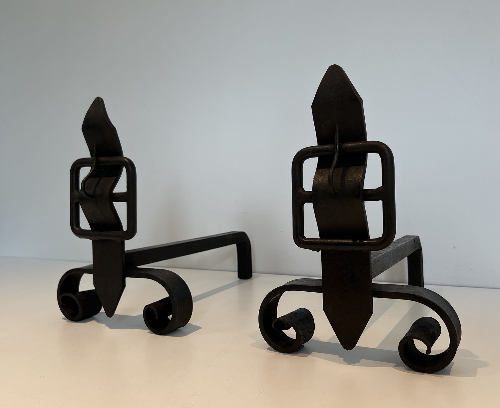 Pair Of Modernist Cast Iron And Wrought Iron Belt Andirons photo Home Fixtures