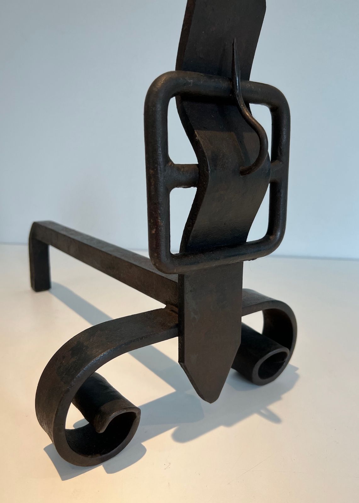 photo buy Pair Of Modernist Cast Iron And Wrought Iron Belt Andirons