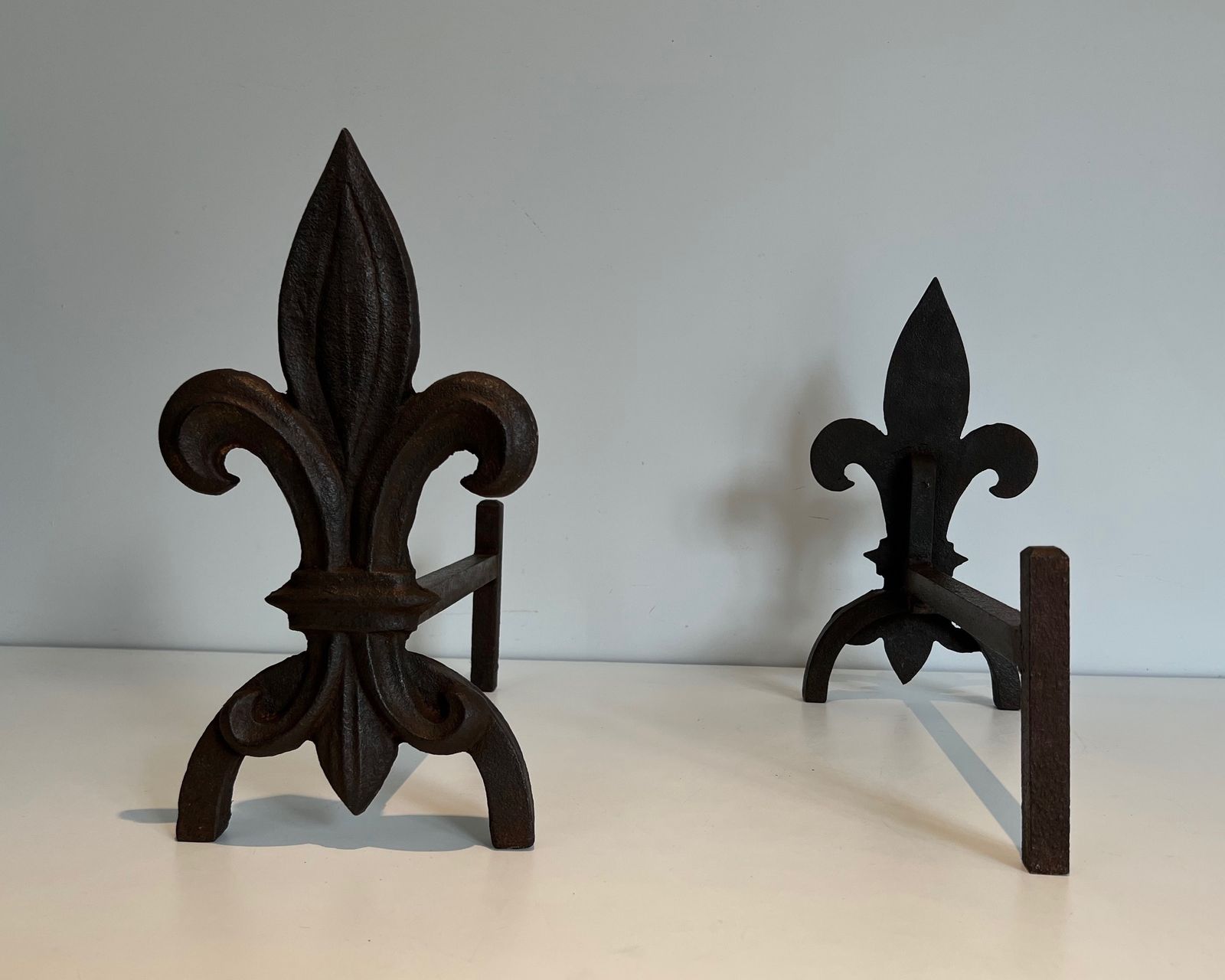 Pair Of Fleurs De Lys Cast Iron And Wrought Iron Andirons photo 950.0