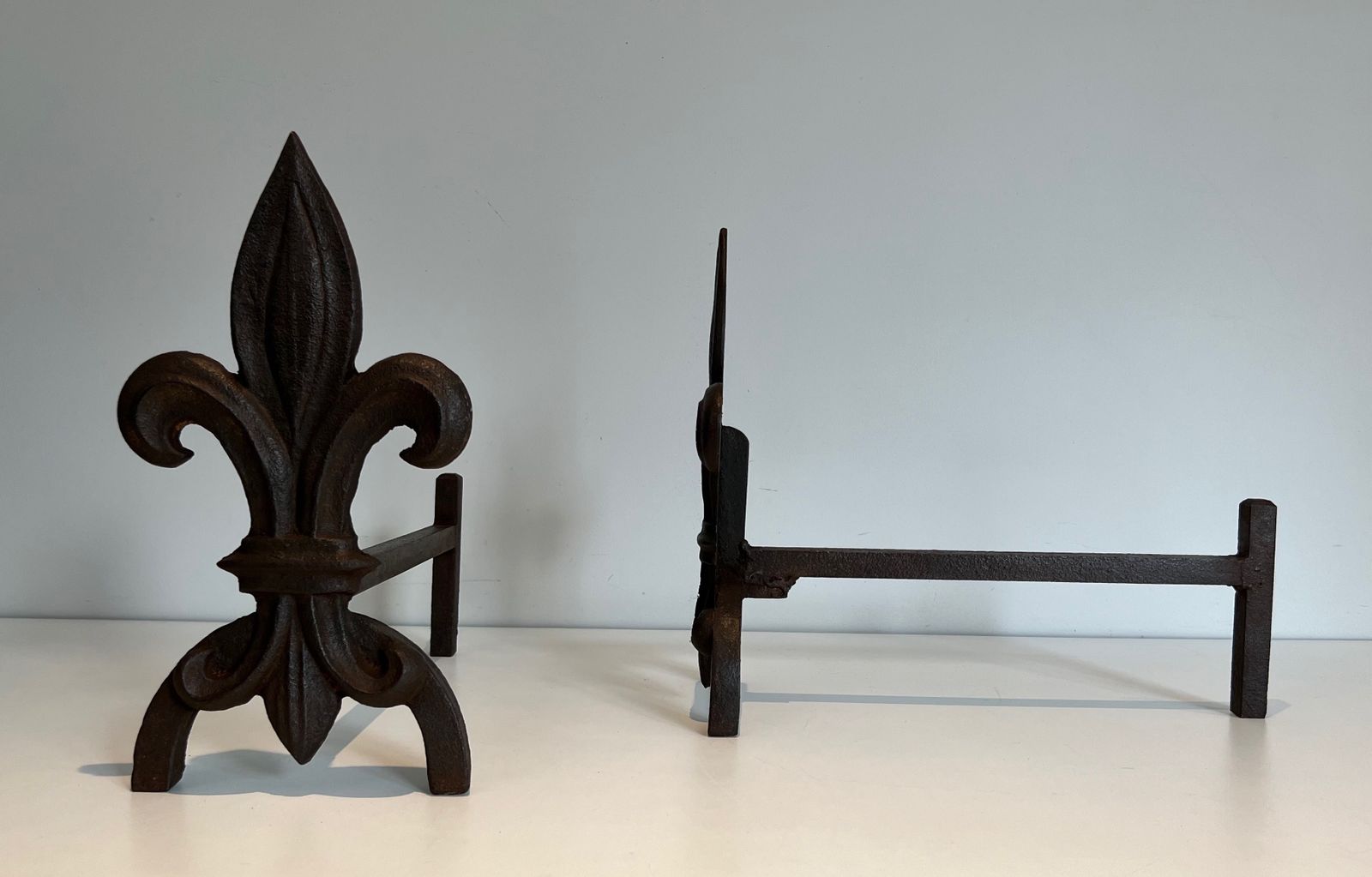 Pair Of Fleurs De Lys Cast Iron And Wrought Iron Andirons photo vinterior