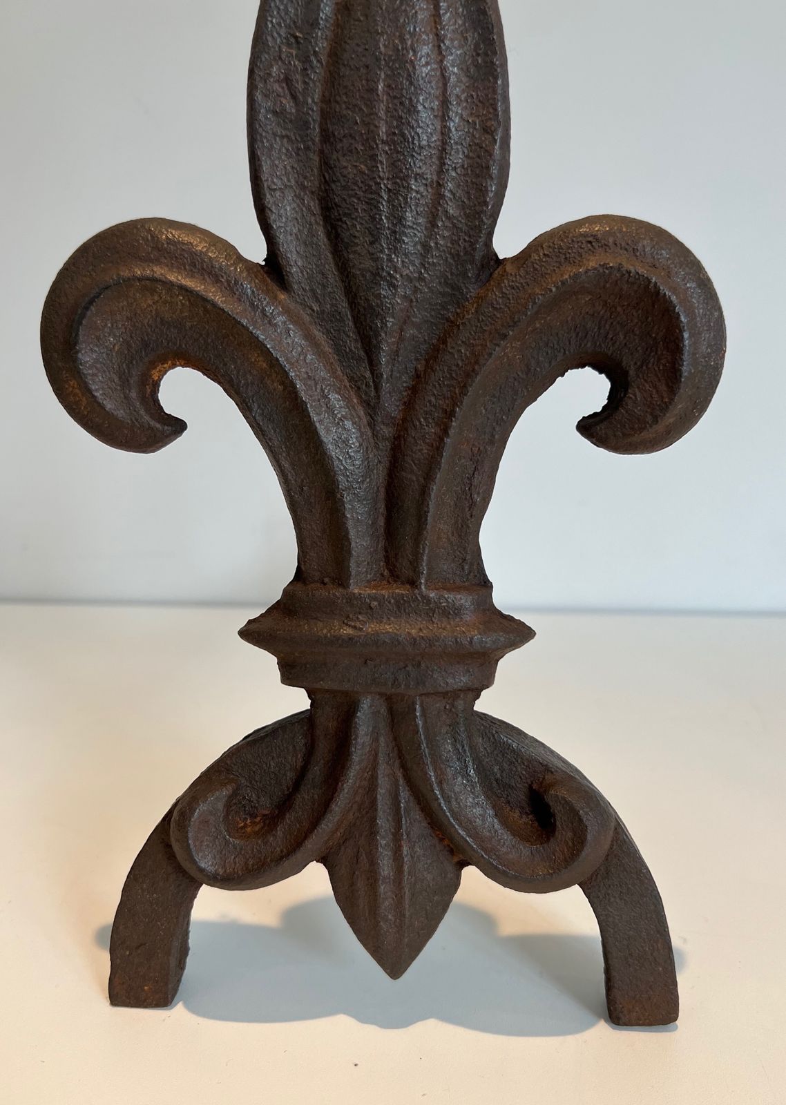 photo for sale Pair Of Fleurs De Lys Cast Iron And Wrought Iron Andirons