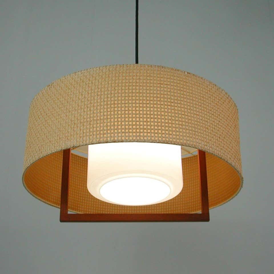 Midcentury Temde Raffia Teak And Milk Glass Pendant, Switzerland 1960s photo vinterior