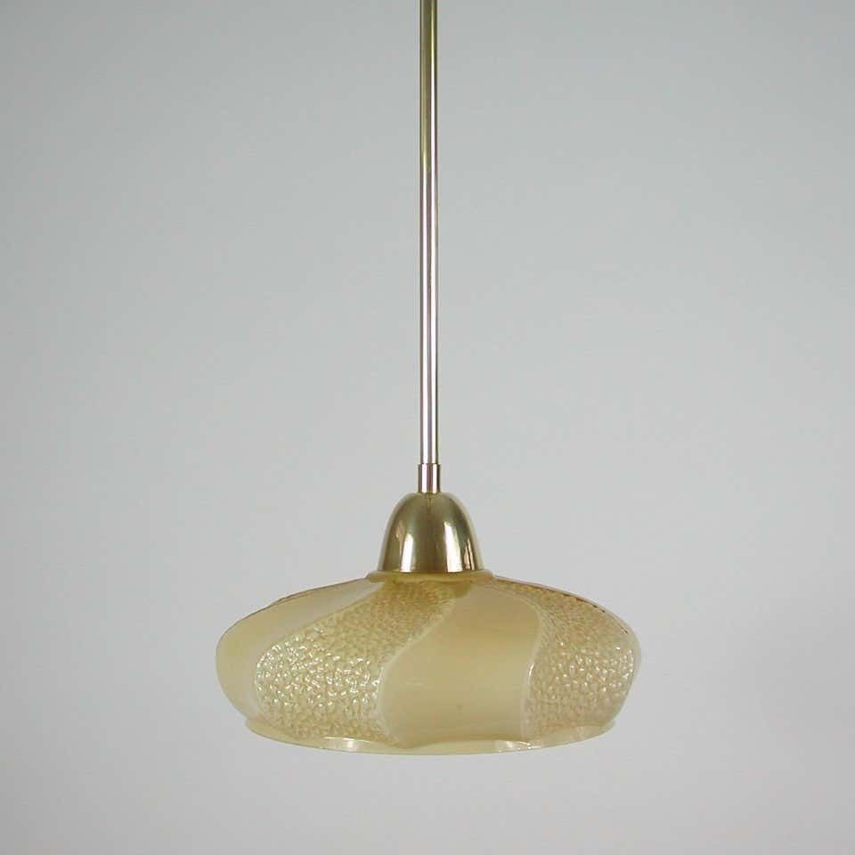 French Art Deco Ivory Colored Opaline Glass Brass Pendants, 1940s, Set Of 2 photo vinterior