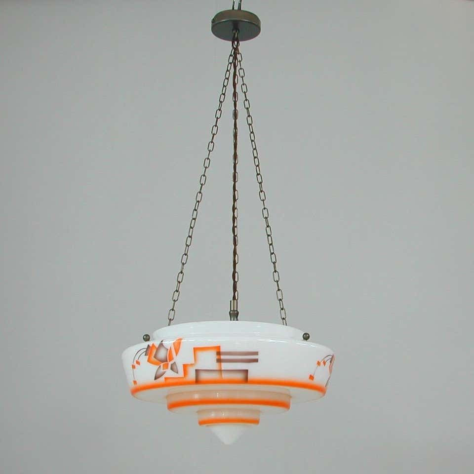 German Art Deco Suspension Light, Enameled Glass And Brass, 1930s photo furniture