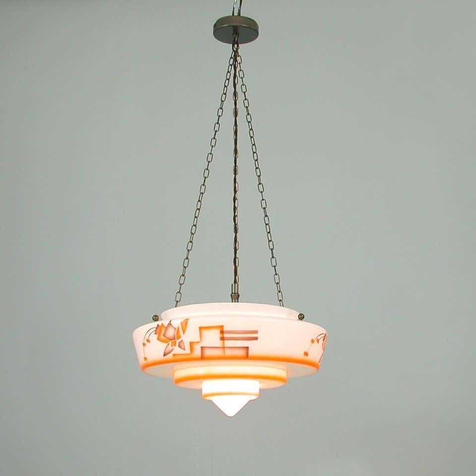 German Art Deco Suspension Light, Enameled Glass And Brass, 1930s photo for sale