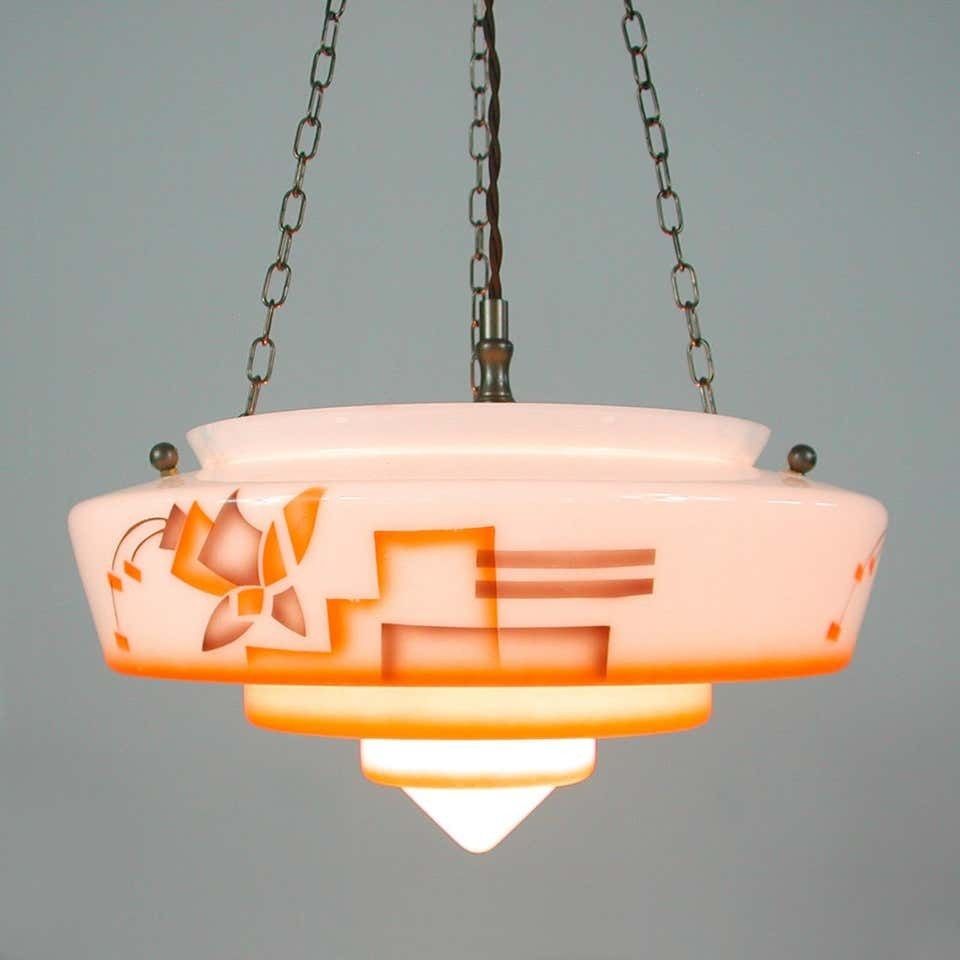 photo for sale German Art Deco Suspension Light, Enameled Glass And Brass, 1930s