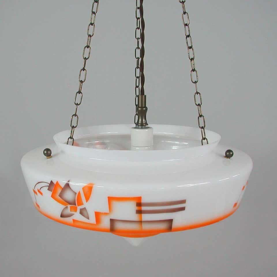 1388.0 German Art Deco Suspension Light, Enameled Glass And Brass, 1930s photo
