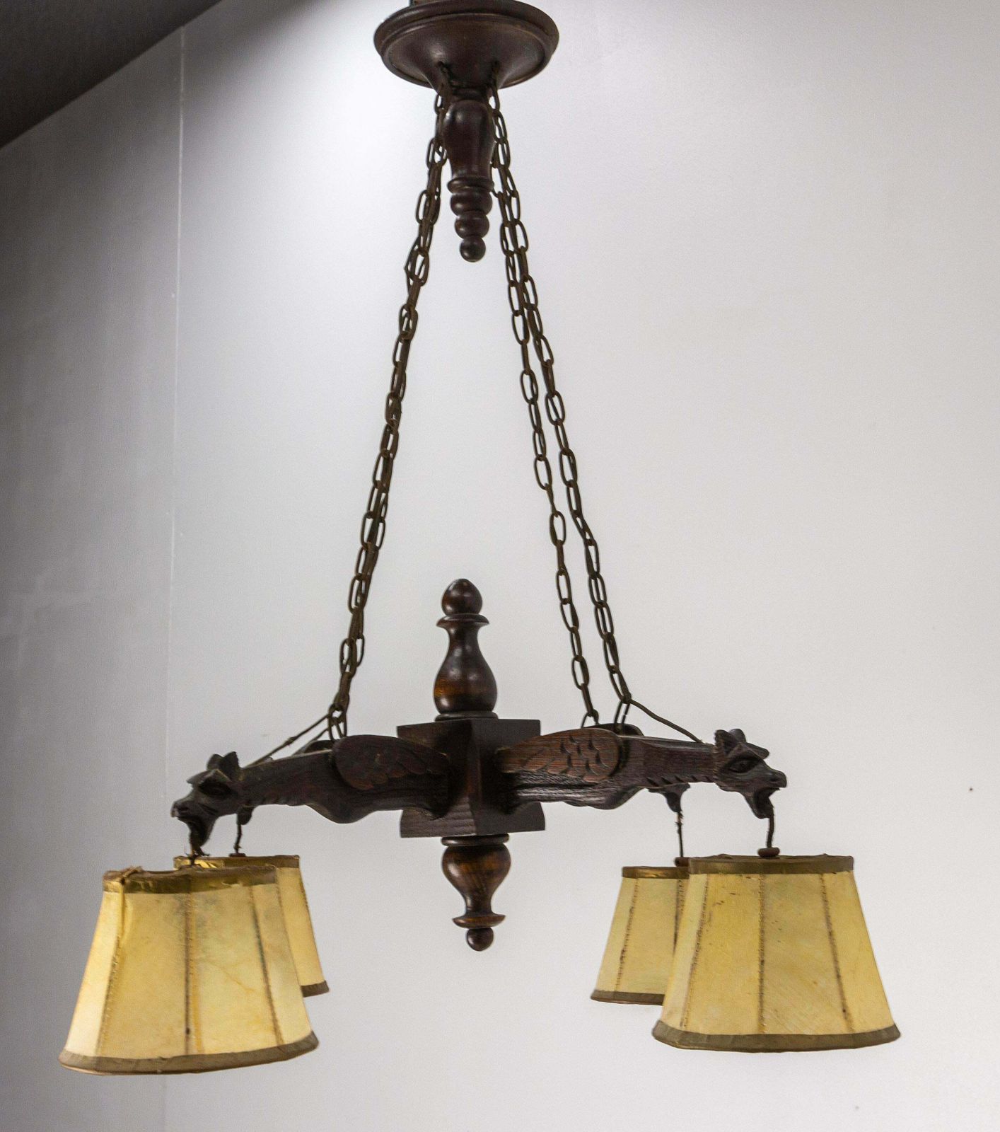 French Wood Lamp Four Gothic Gargouille Art Nouveau Style Pendant Lustre C. 1920 photo Lighting