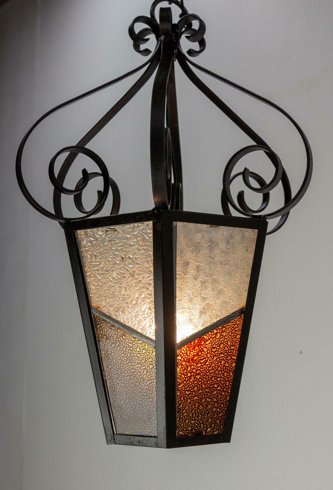 Iron Textured & Colored Glass Ceiling Lamp Lustre French Lantern, Circa 1960 photo Lighting