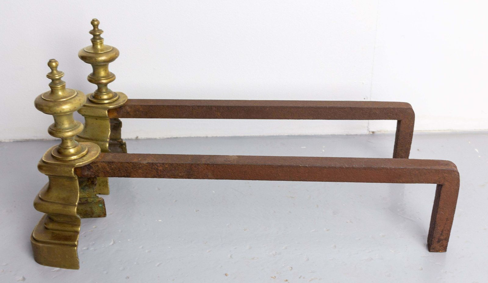 Pair Of Fireplace Andirons Brass & Wrought Iron Firedogs, France, Circa 1900 photo Home Fixtures