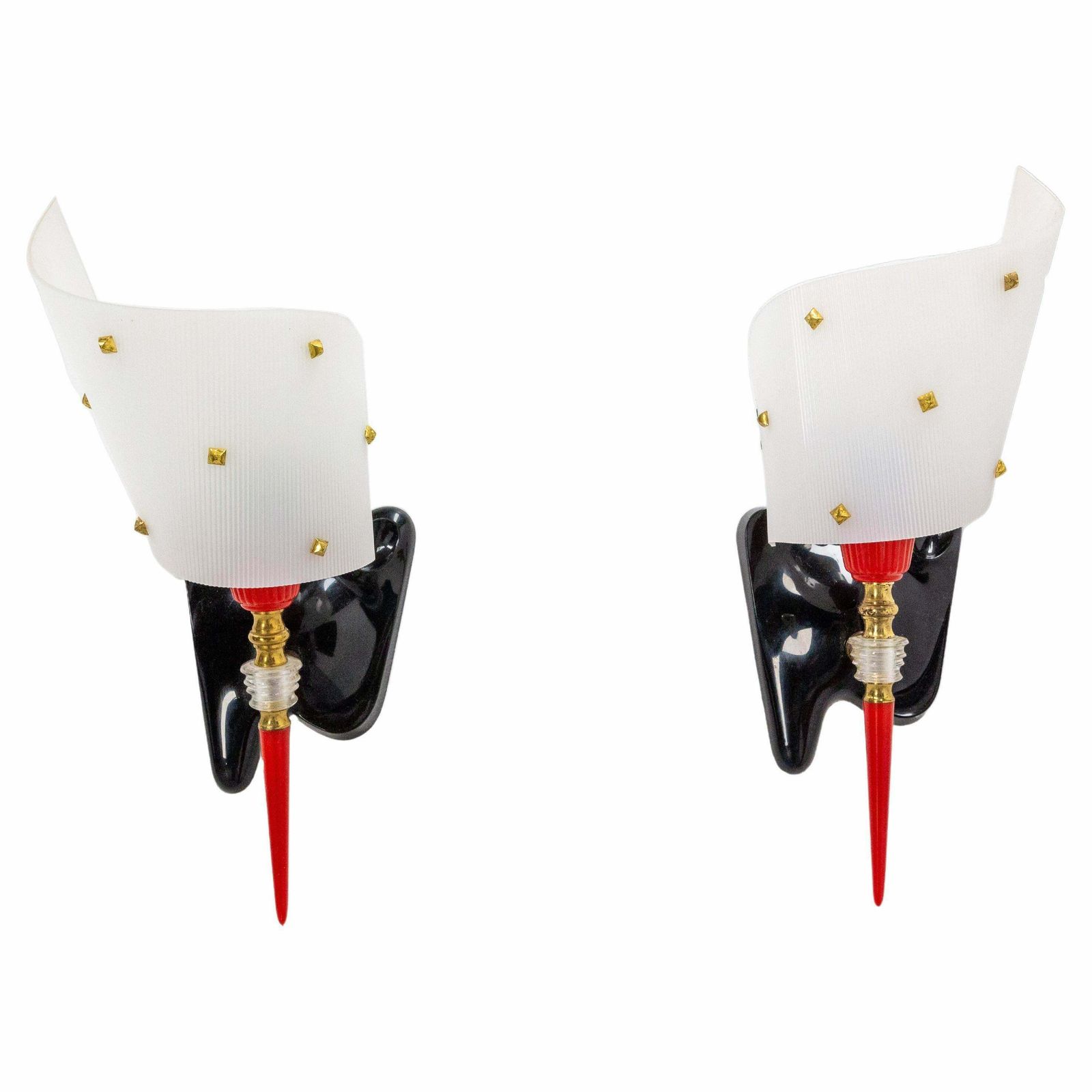 Pair Of Sconces Brass And Acrylic Pierre Guariche Lights, French Mid 20thcentury