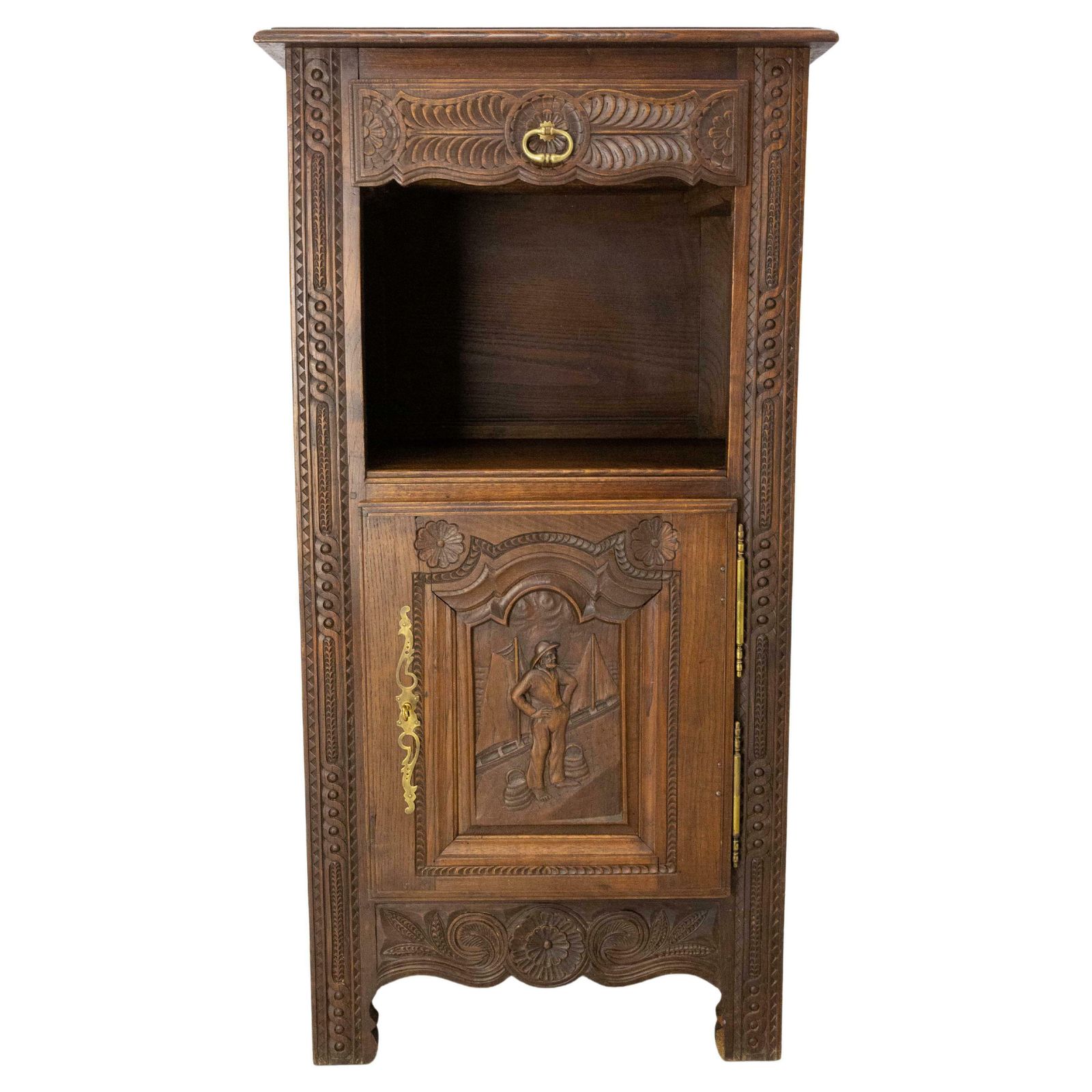 Chestnut Side Table Or Little Buffet, Sailor & Boats French Britanny, Circa 1940