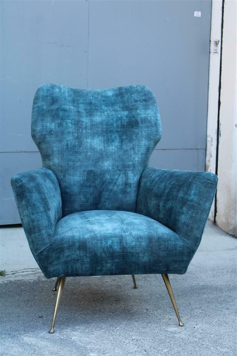 Pair Of Mid Century Italian Armchairs With Brass Feet And Blue Velvet Gio Ponti Style photo furniture