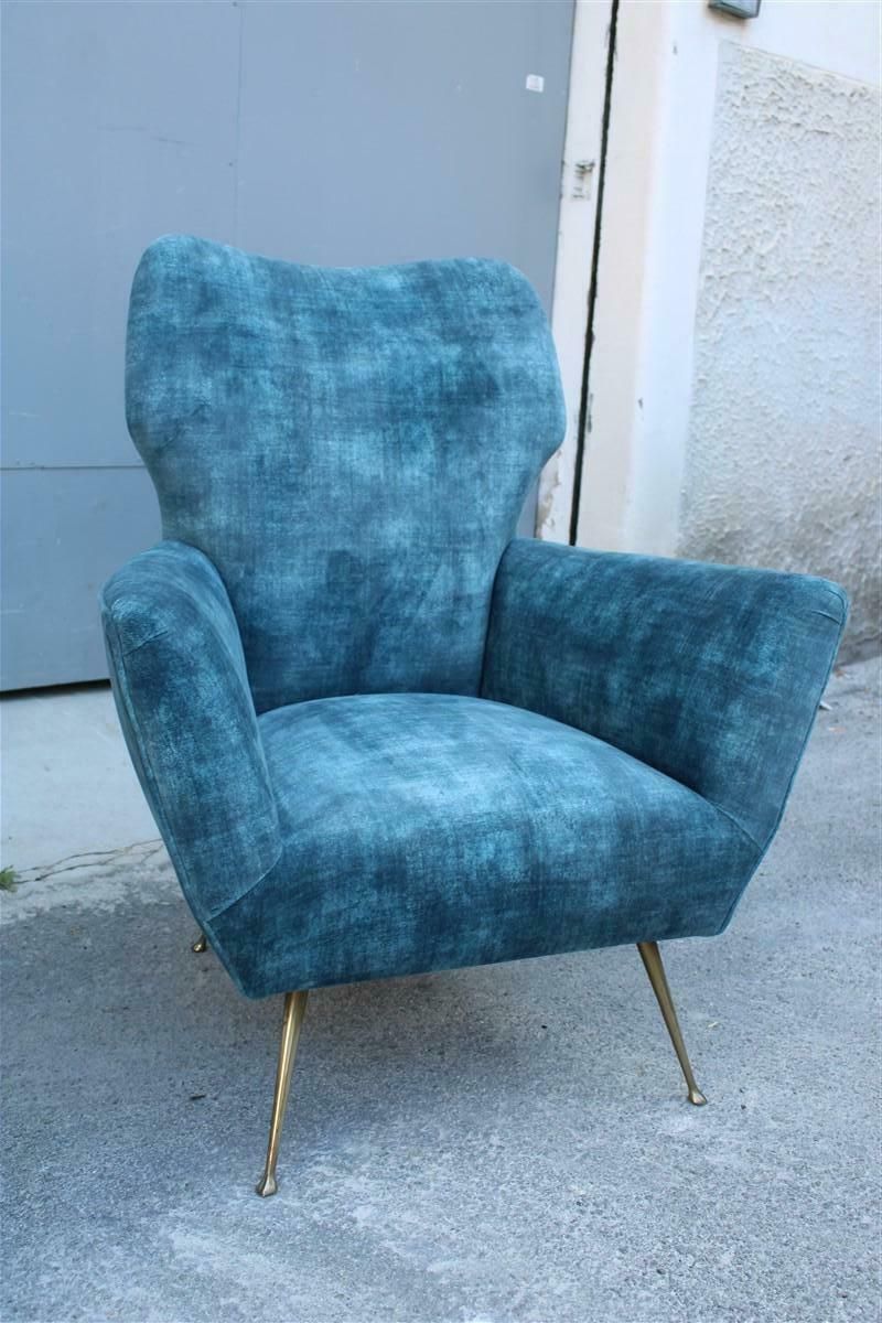 Pair Of Mid Century Italian Armchairs With Brass Feet And Blue Velvet Gio Ponti Style photo vinterior