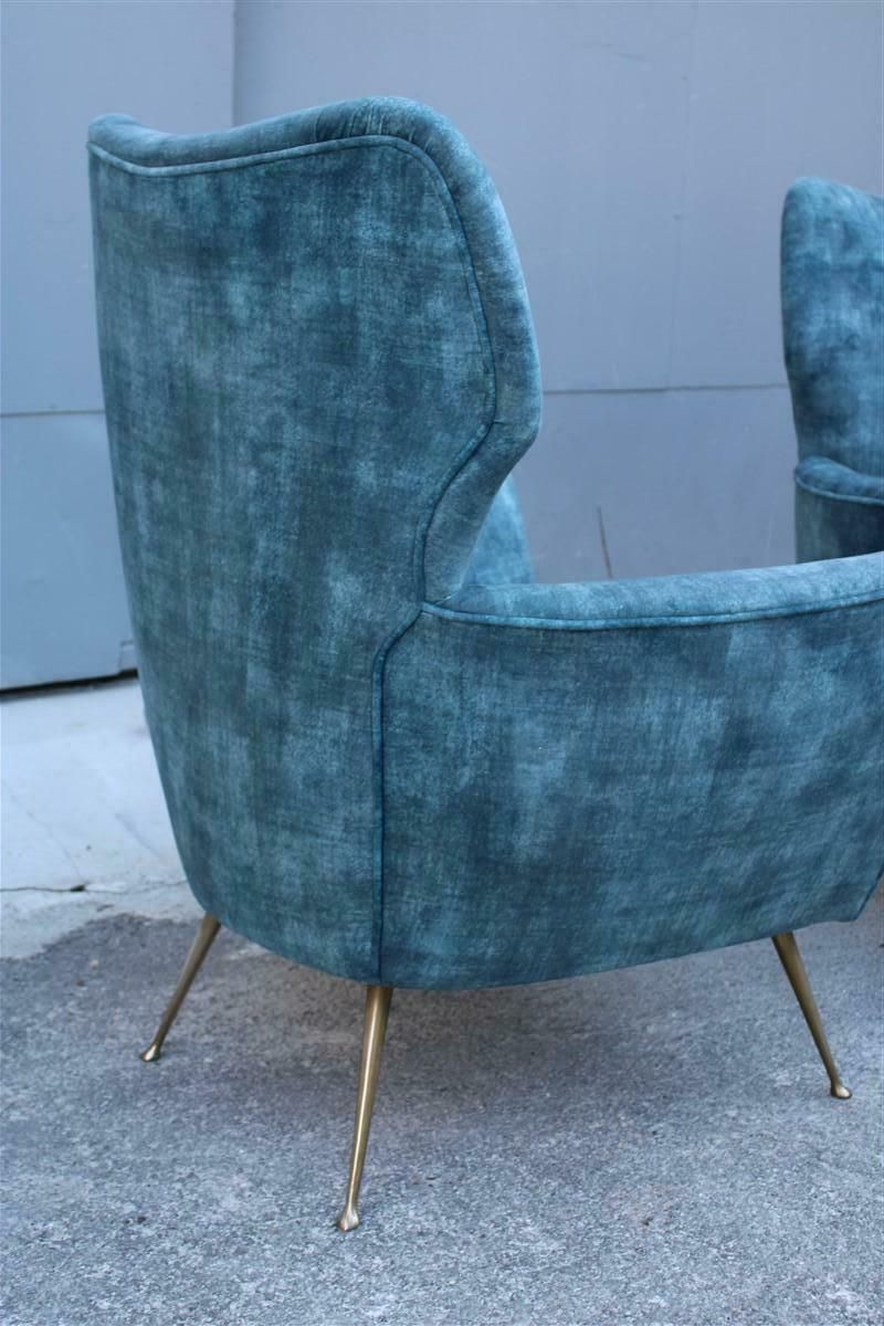 Pair Of Mid Century Italian Armchairs With Brass Feet And Blue Velvet Gio Ponti Style photo vintage