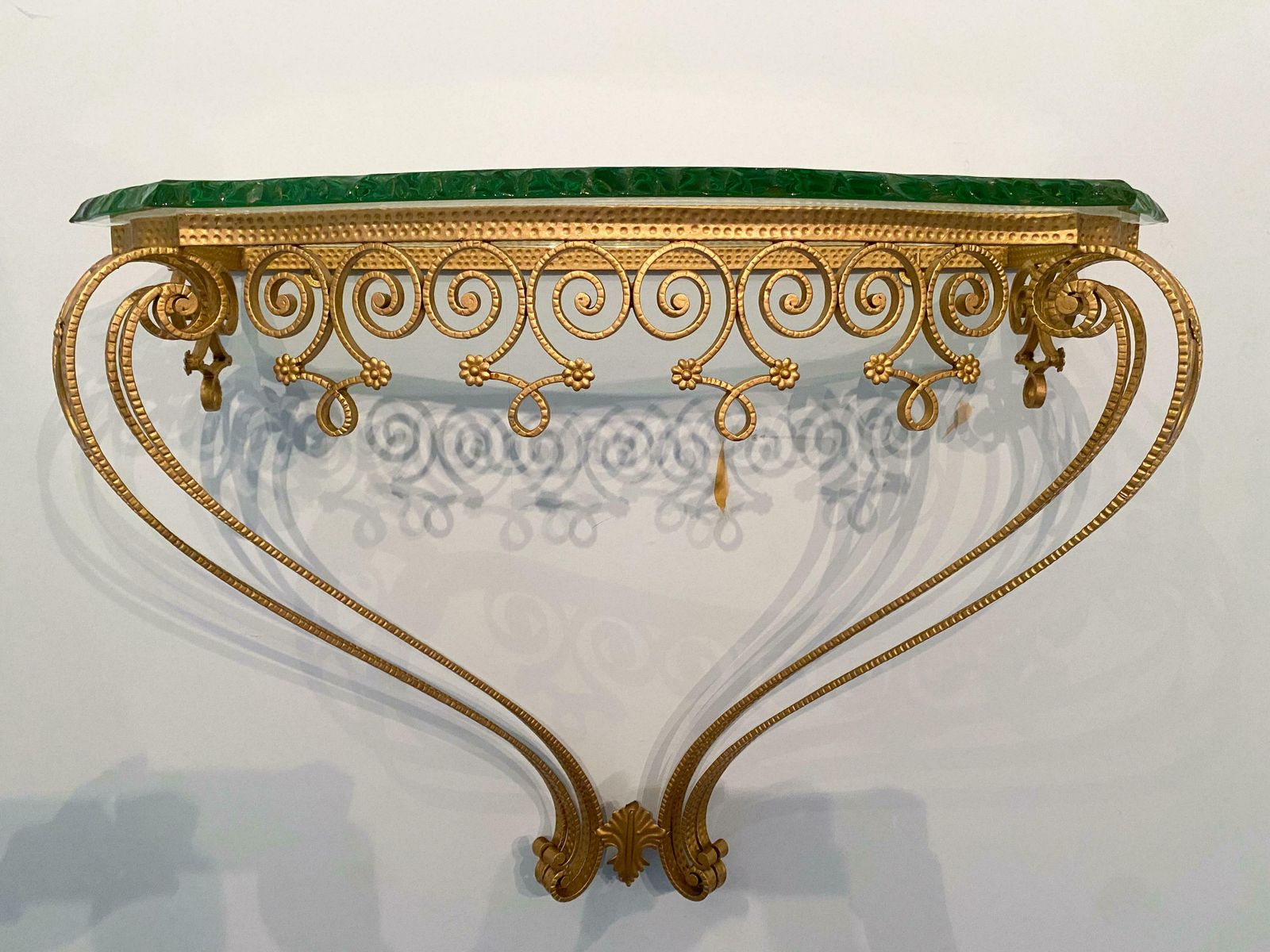 photo furniture Italian Midcentury Green Crystal Gold Iron Console Table By Pier Luigi Colli