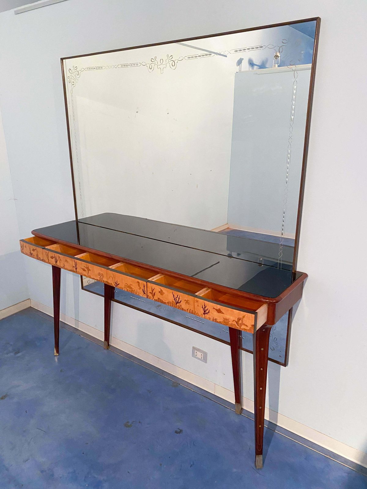 Italian Midcentury Inlaid Console With Mirror By Andrea Gusmai, 1950s photo vintage
