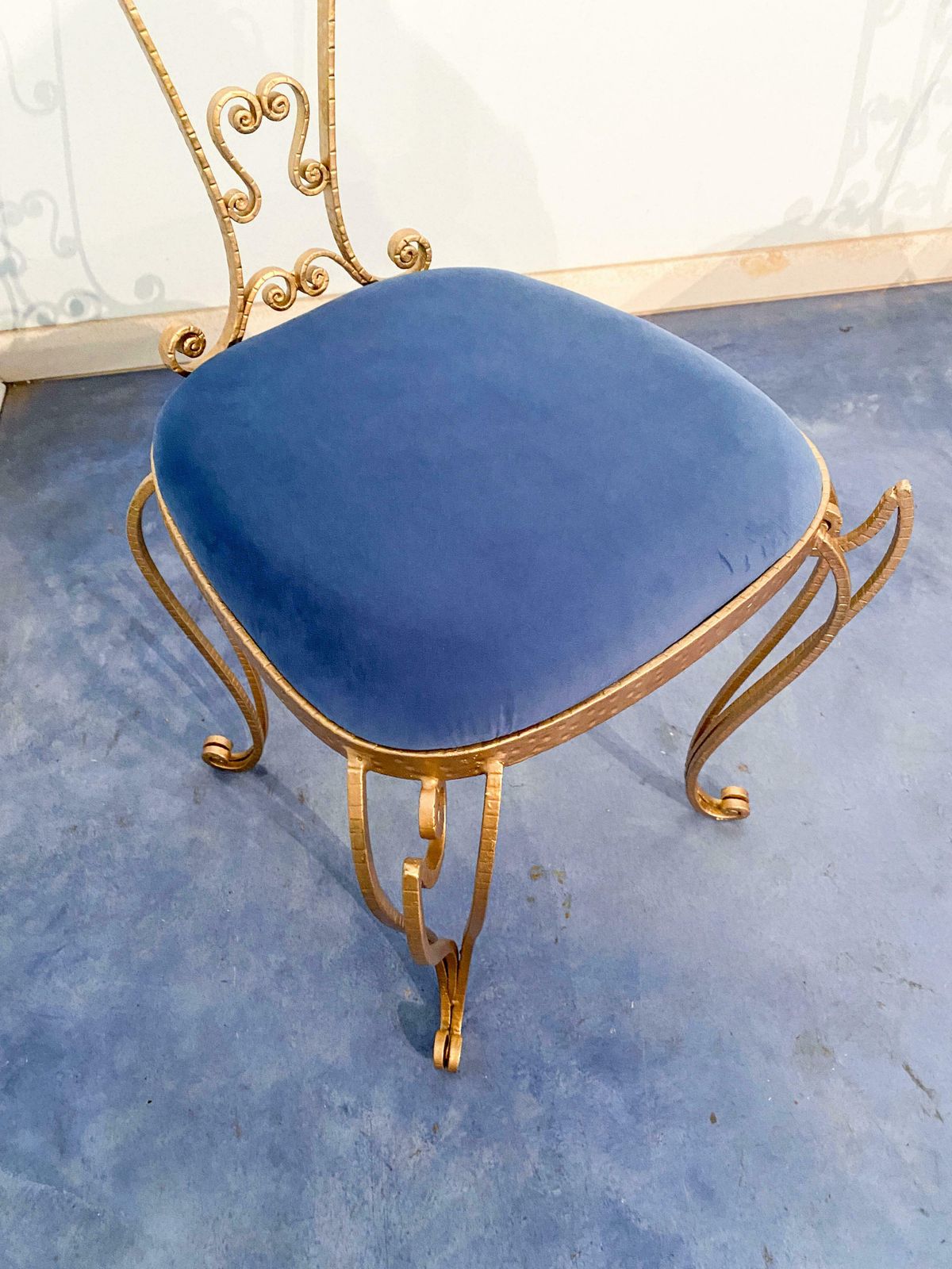Pair Of Italian Mid Century Modern Luigi Colli Gold Iron Vanity Chairs, 1950s photo vintage