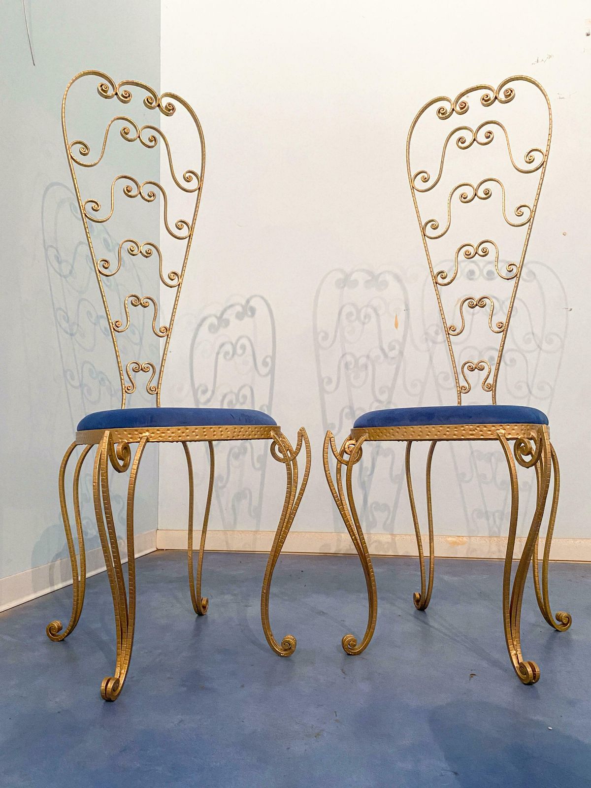 photo for sale Pair Of Italian Mid Century Modern Luigi Colli Gold Iron Vanity Chairs, 1950s