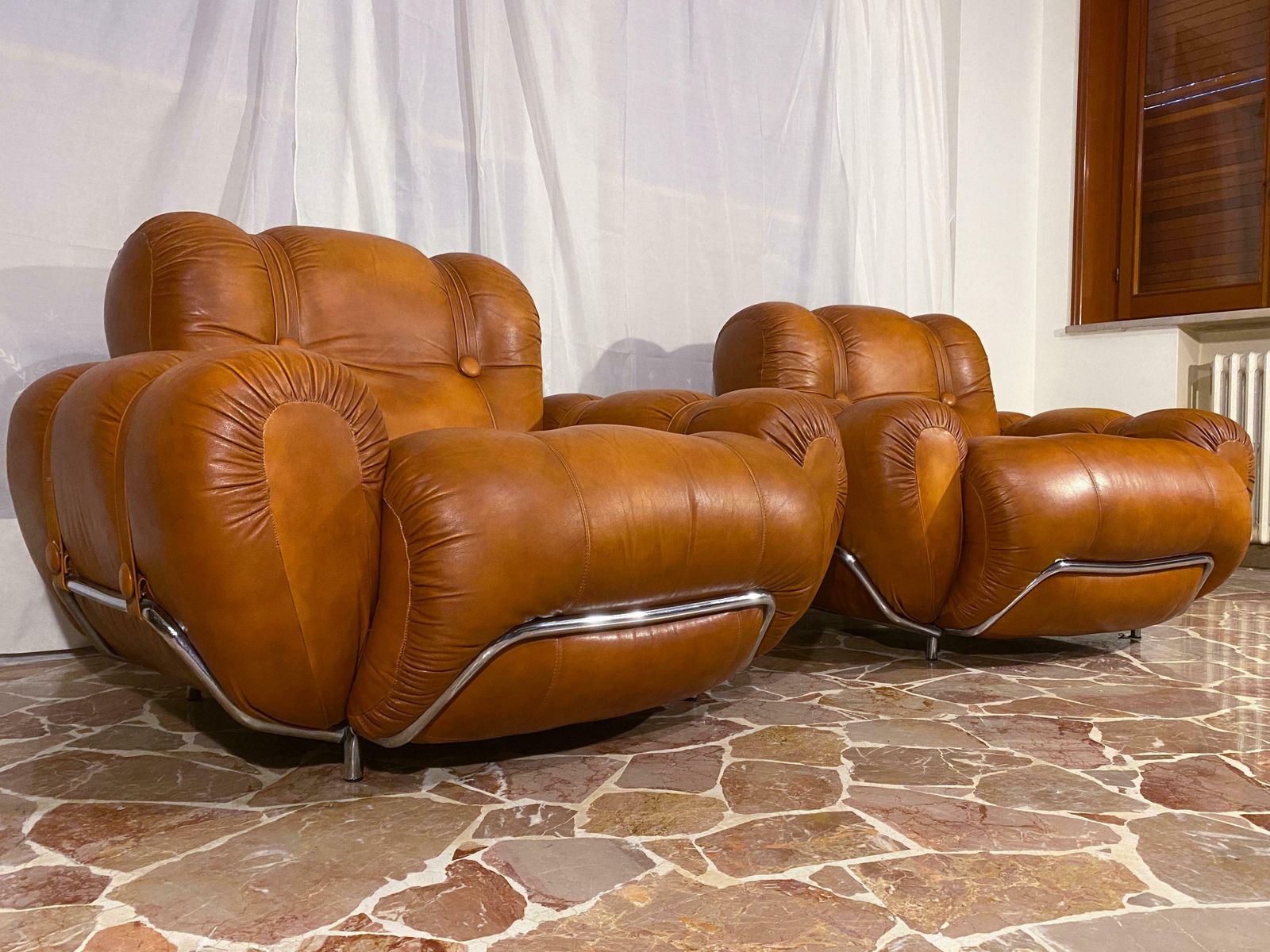 Italian Mid Century Natural Leather Space Age Armchairs, 1970s photo Furniture