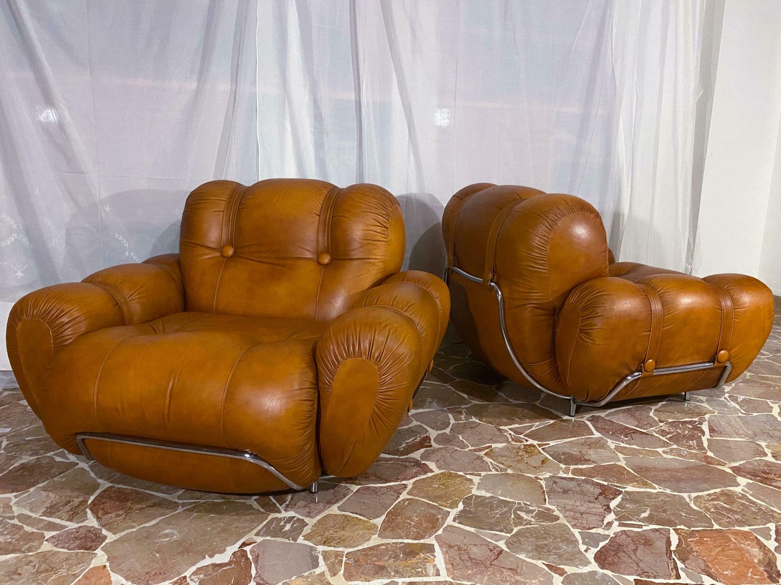 Italian Mid Century Natural Leather Space Age Armchairs, 1970s photo vintage