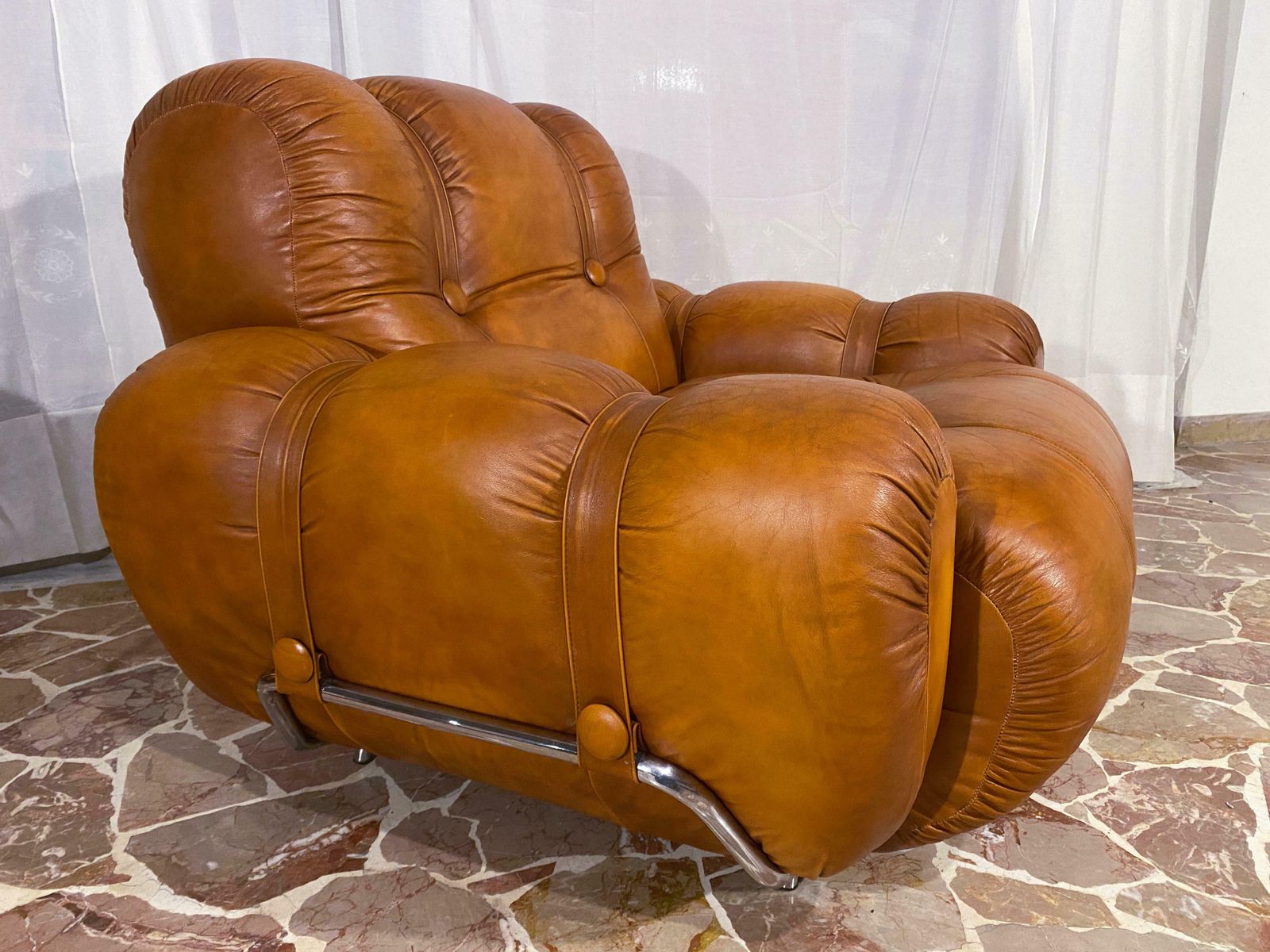 photo buy Italian Mid Century Natural Leather Space Age Armchairs, 1970s
