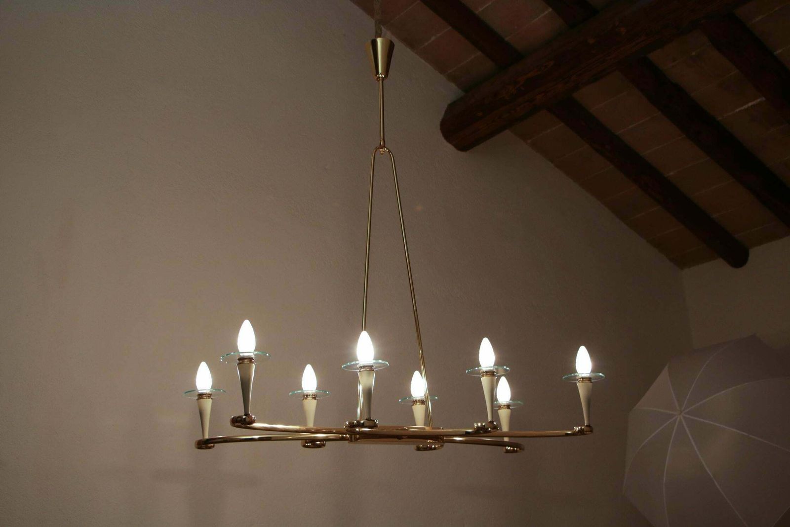 photo for sale Italian Midcentury Gold And Ivory Color Eight Lights Chandelier, 1950s