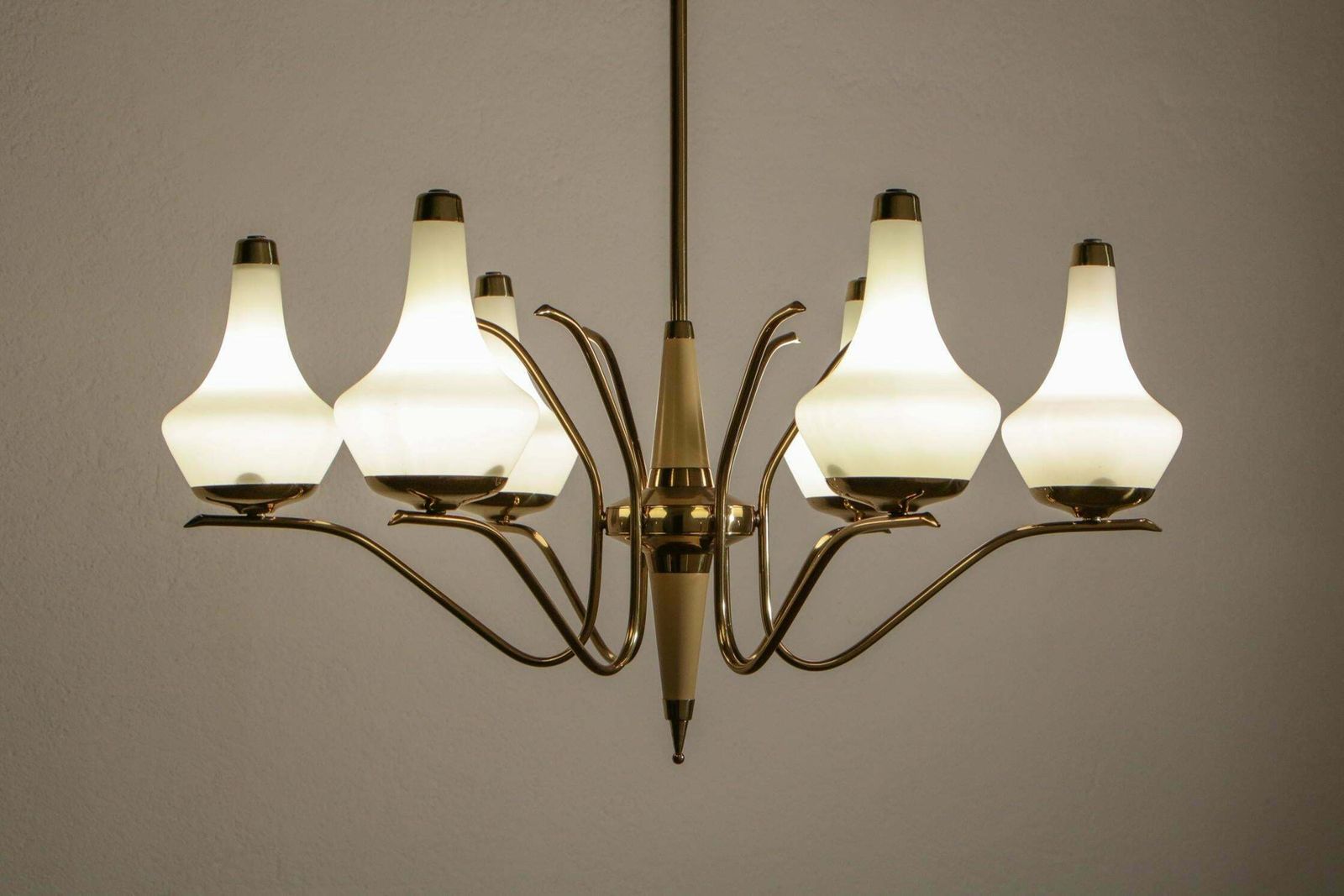 Italian Midcentury Six Lights Gold And Ivory Chandelier Attributed To Stilnovo photo for sale