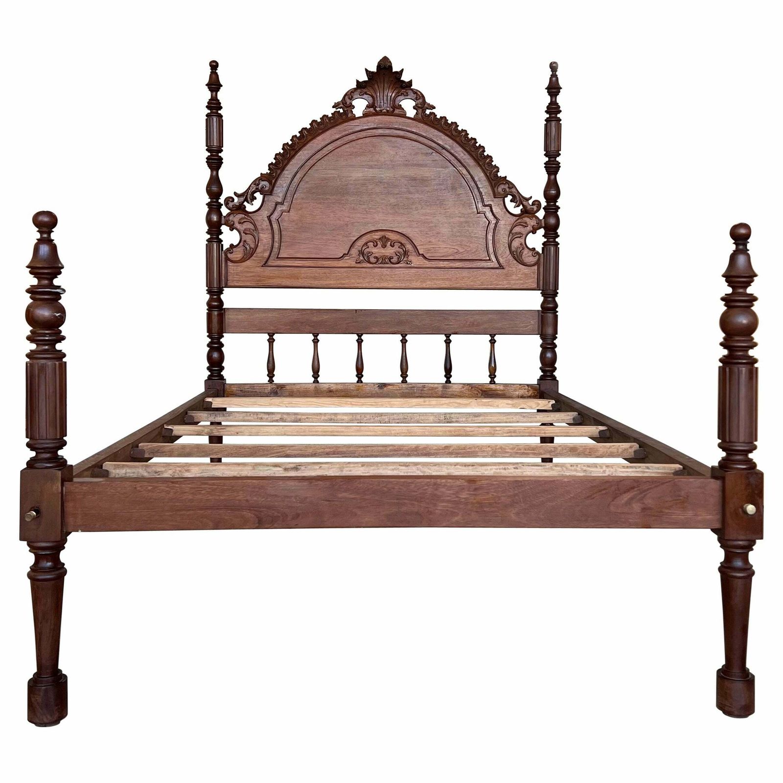 20th Century Full Bed, Original Four Fluted Poster Spanish Bed With Wood Slabs