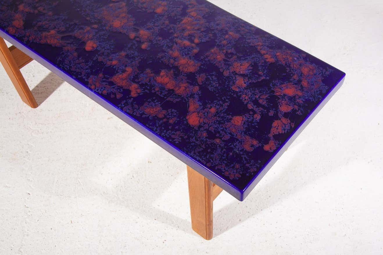 Large Rectangular Top Ceramic Blue And Orange Tile Coffee Table, 1970s photo buy