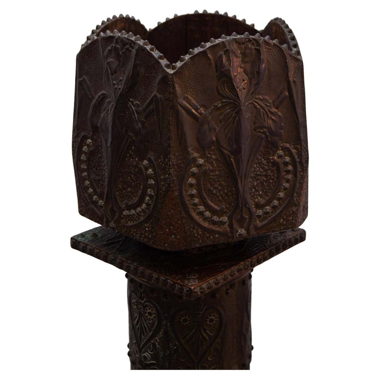 Art Nouveau Pedestal And Planter In Hammered Copper By Large Iris Flowers photo furniture