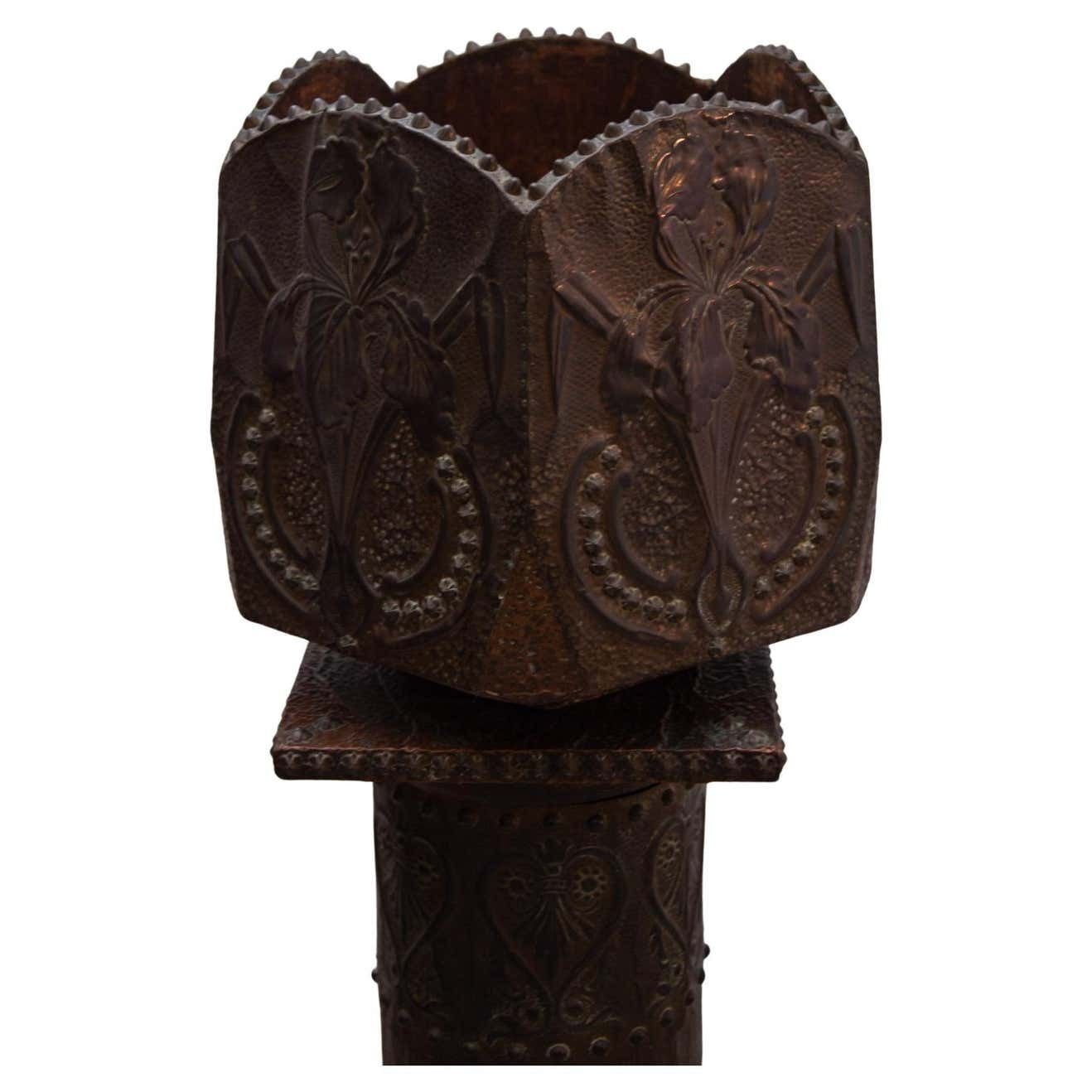 Art Nouveau Pedestal And Planter In Hammered Copper By Large Iris Flowers photo 3528.0