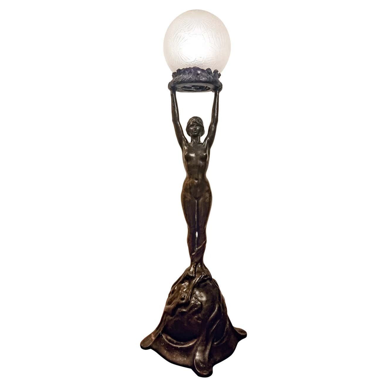 Table Lamp In Bronze, Gerda Sprinchorn For Herman Bergman Stockholm, Art Nouveau