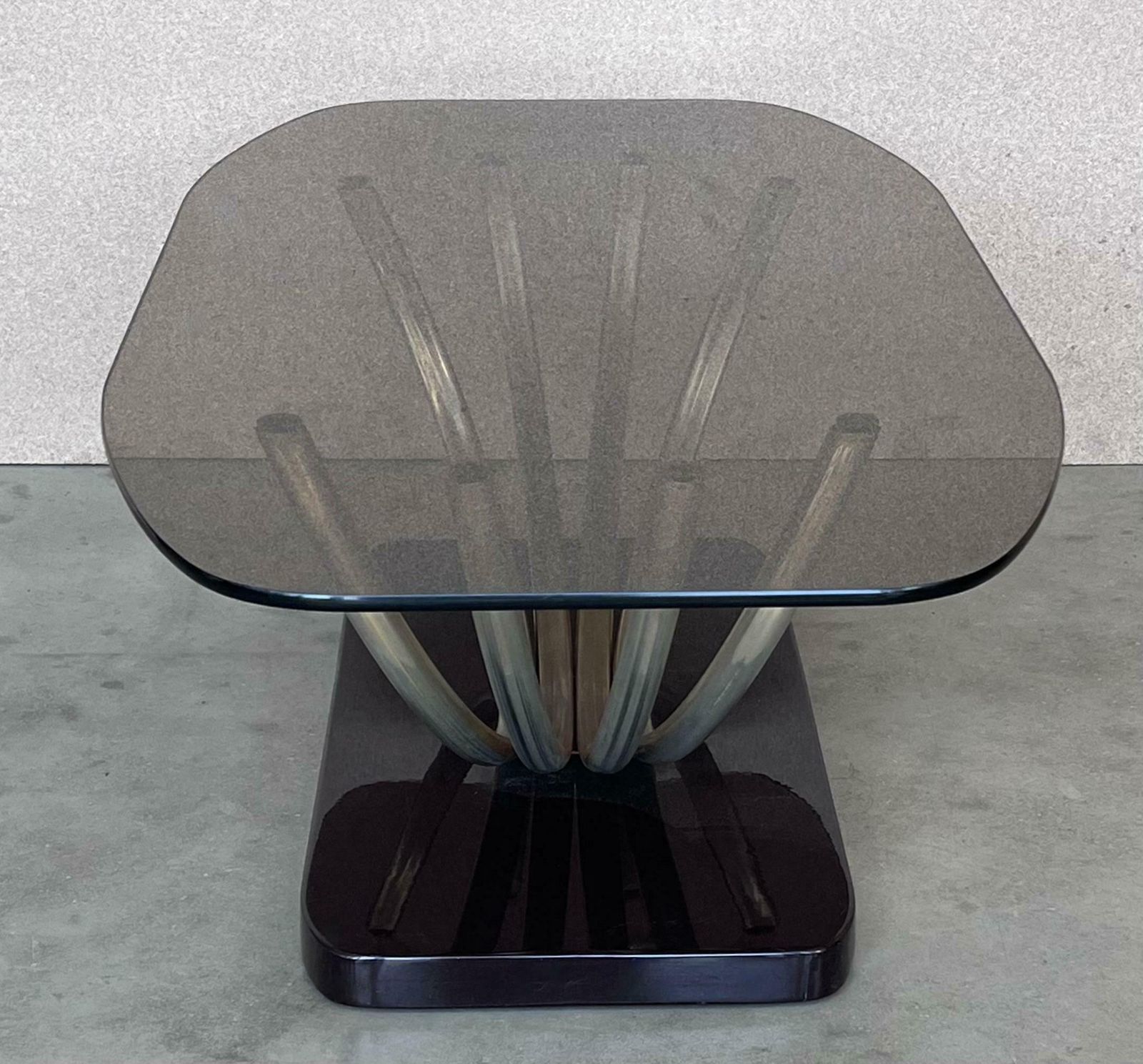 photo for sale Art Decó Chrome Coffee Table With Fumé Glass Top And Ebonised Base