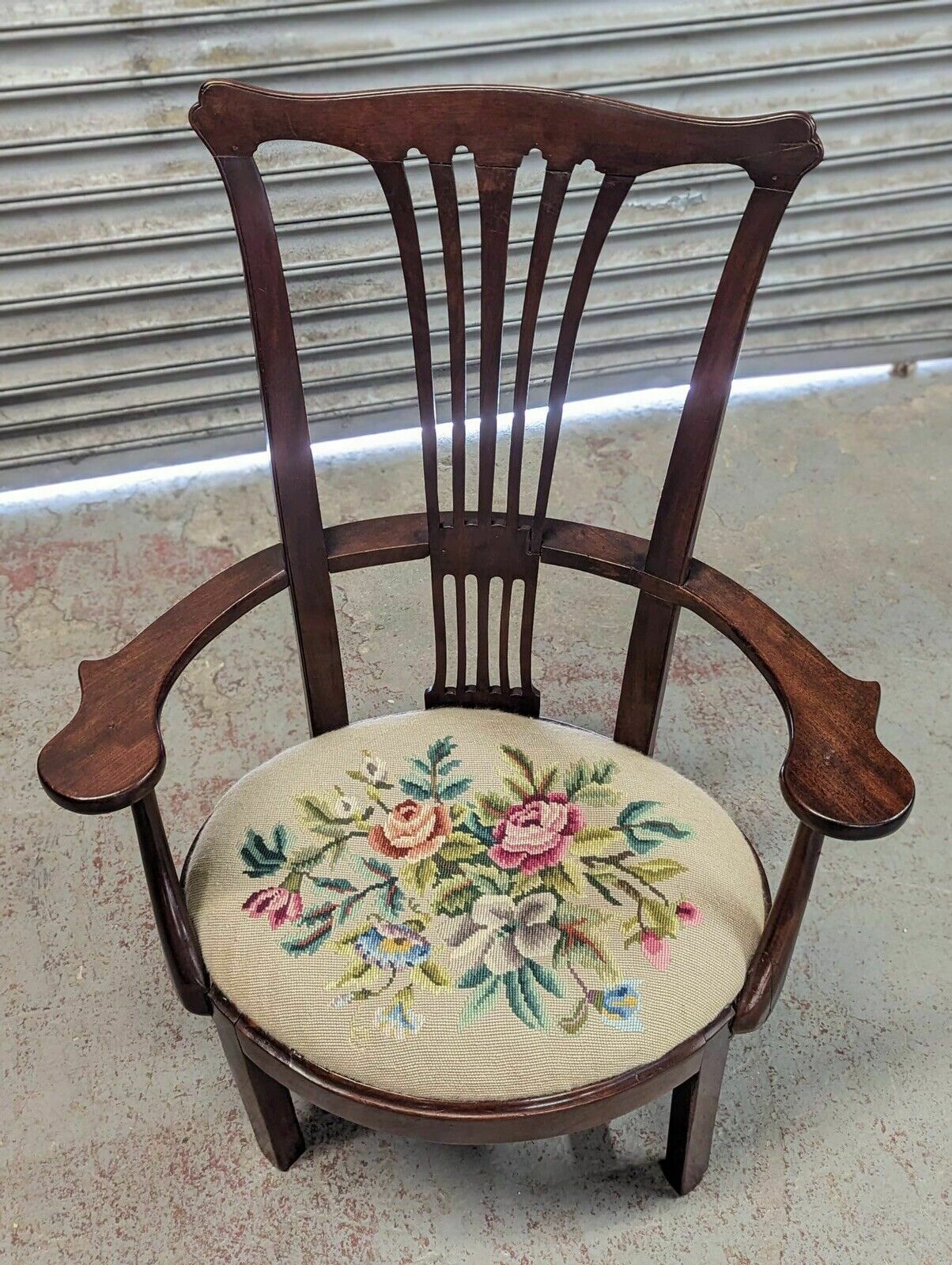 George III Mahogany Splat Back Armchair With Woolwork Seat photo for sale