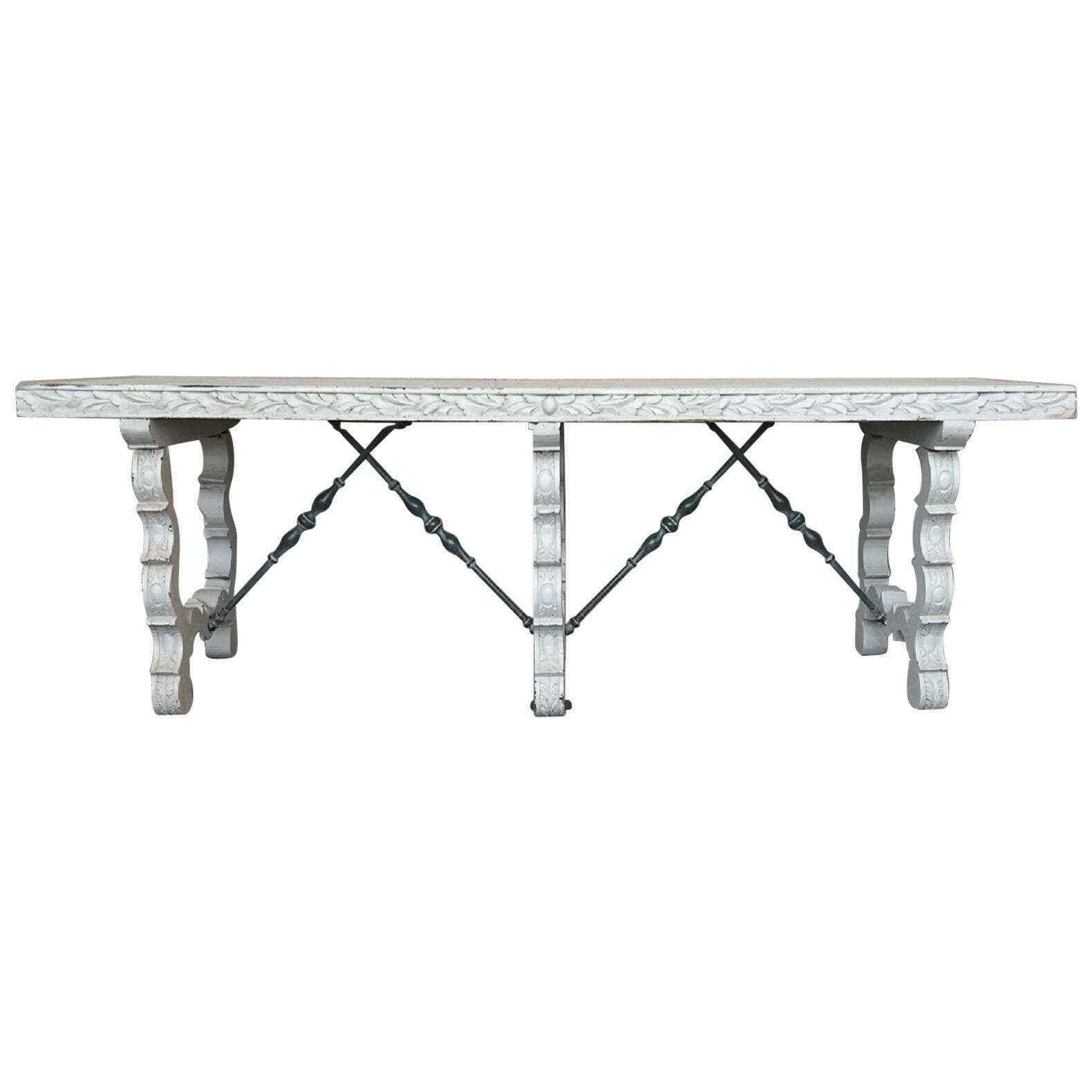 Grande table console ou de milieu, peinte en blanc, pieds en lyre, XIXe siècle