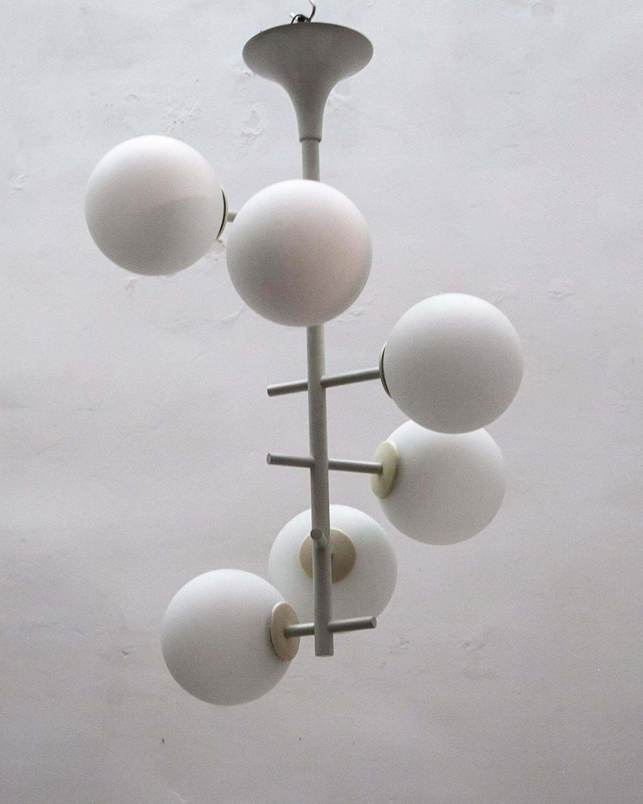 Large Kaiser Sputnik White Opal Glass Globes Chandelier, Germany, 1960s photo vinterior