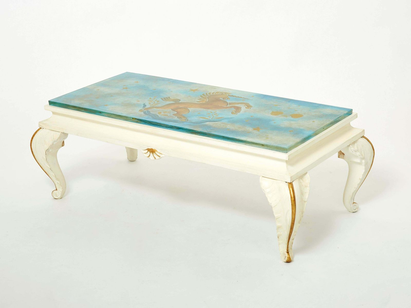 photo furniture Table basse Maison Jansen en bois doré, plateau en verre peint, 1950