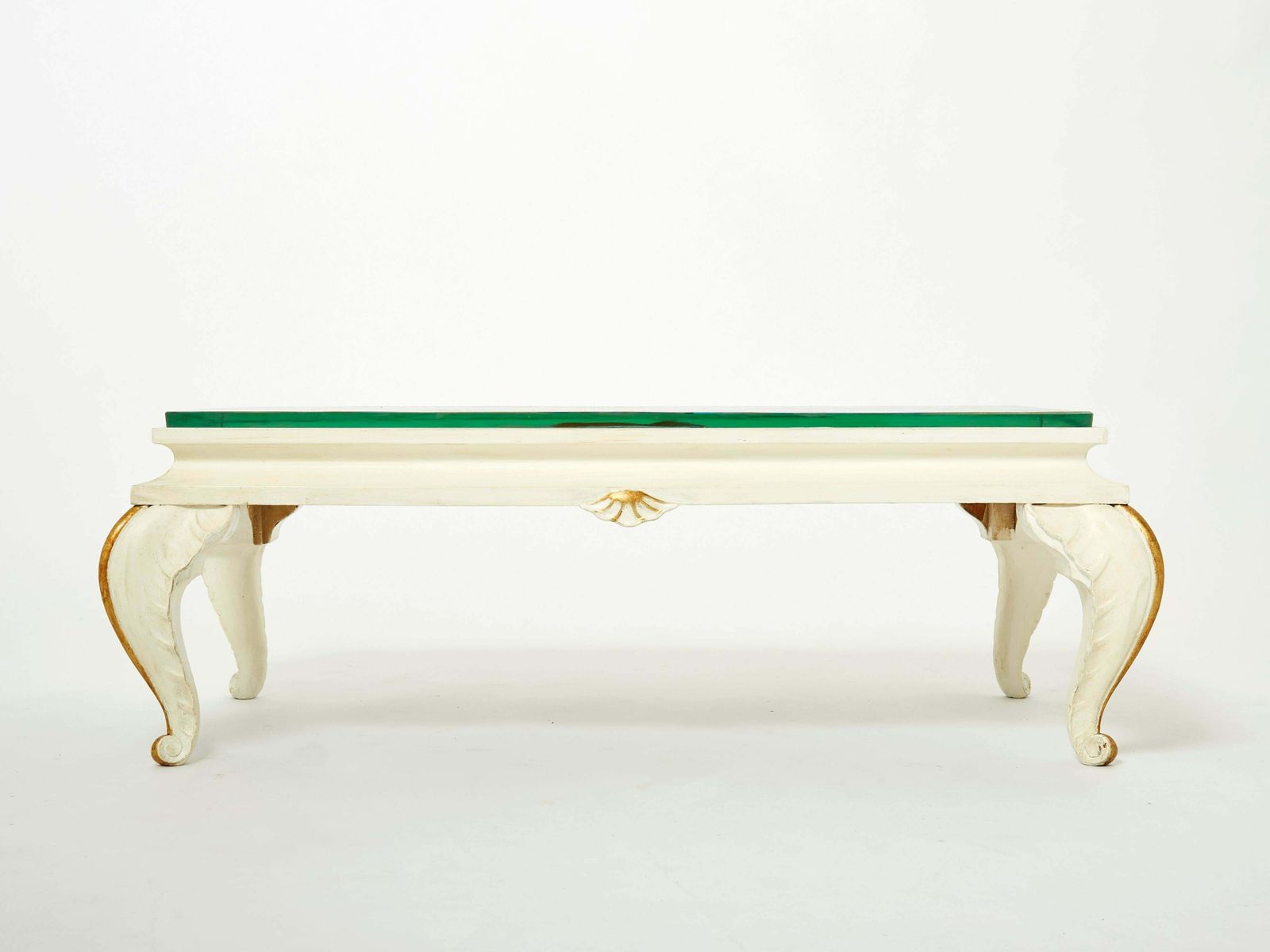 photo for sale Maison Jansen Gilded Wood Painted Glass Top Coffee Table, 1950