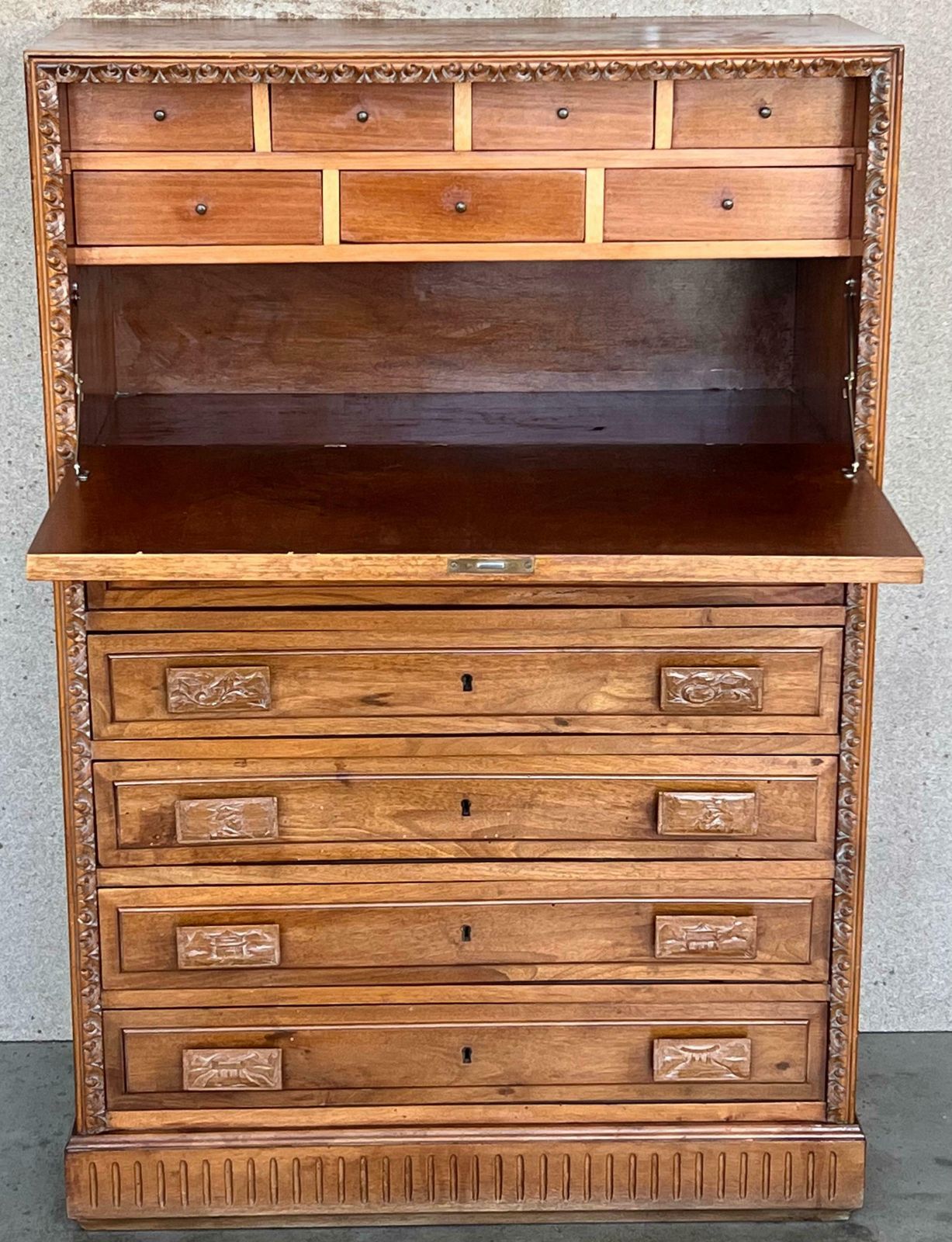 Spanish Fall Front Secretary Desk In Carved Oak, Spain, Circa 1950 photo 2716.0