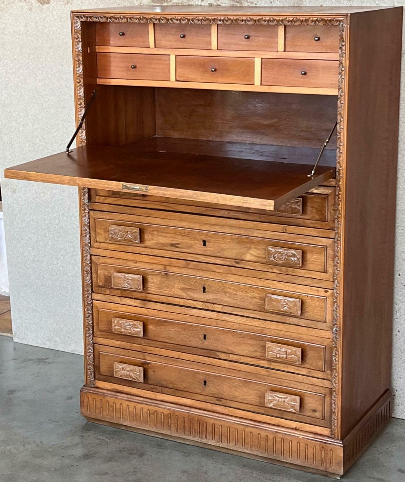 Spanish Fall Front Secretary Desk In Carved Oak, Spain, Circa 1950 photo vinterior